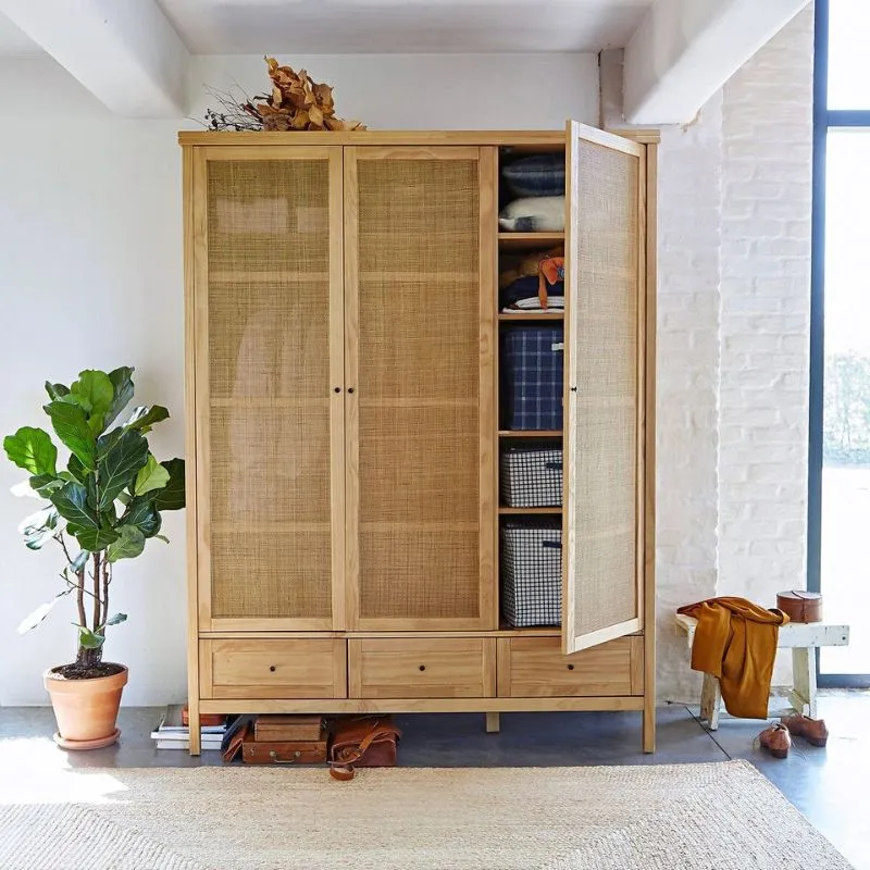 Solid Pine And Rattan Wardrobe - 3 Draws And Doors