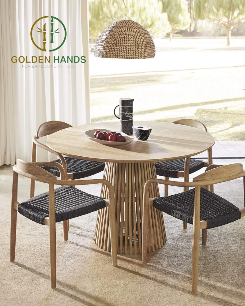 Simple Wood Dining Table With 4 Rattan Chairs